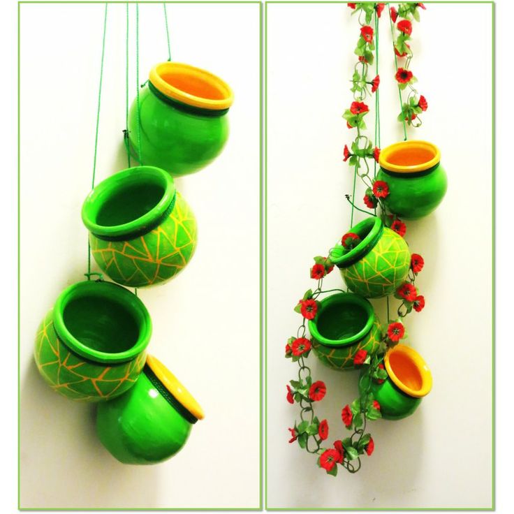 HANDMADE SET OF GREEN MOSAIS TERRACOTTA HANGING POT
